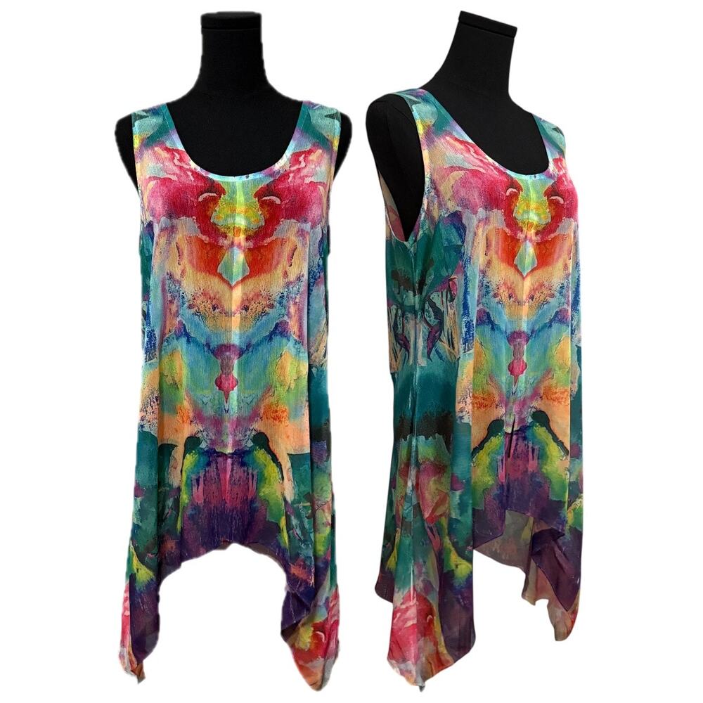 Soft Surroundings Waterflower Multicolor Sheer Tank Top Blouse Sharkbite Hem